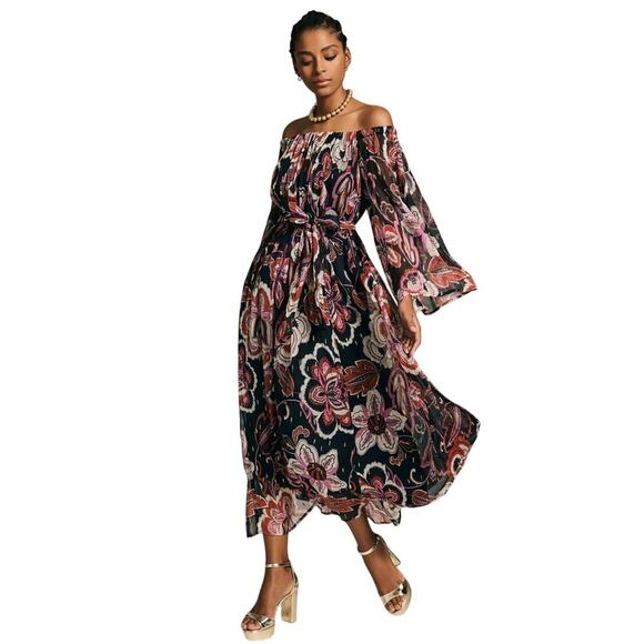 By Anthropologie Sweeping Off-The-Shoulder Maxi Dress Size XL Floral Flowy - Picture 3 of 16